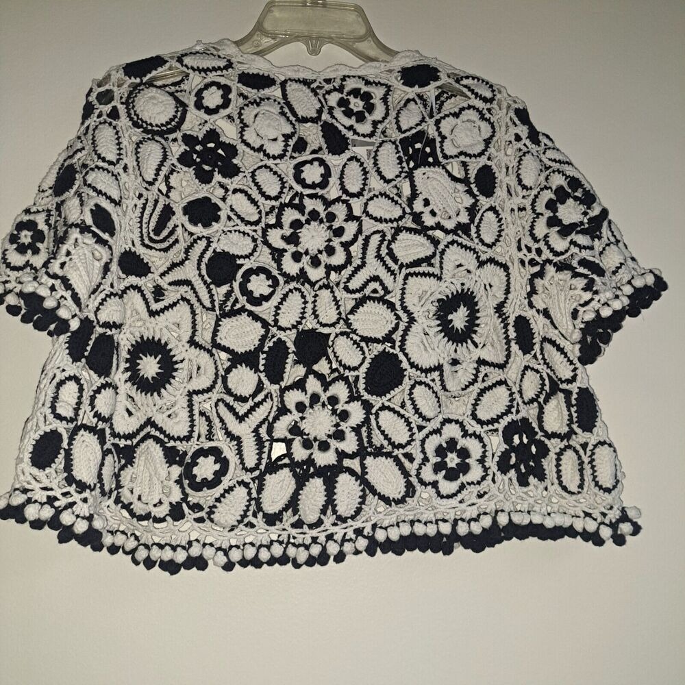 ZARA Black White Floral Crochet Crop Top Tassels Boho Festival Size M - Picture 6 of 8